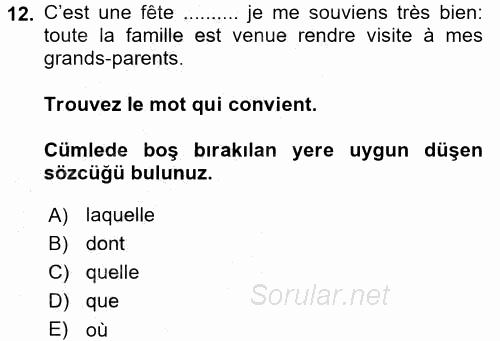 Fransızca 2 2016 - 2017 3 Ders Sınavı 12.Soru