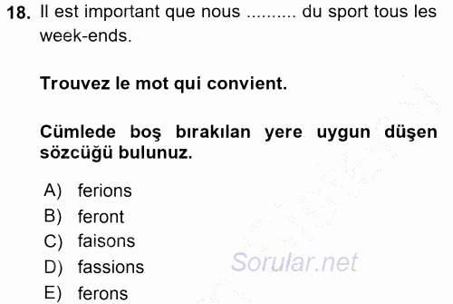 Fransızca 2 2016 - 2017 3 Ders Sınavı 18.Soru