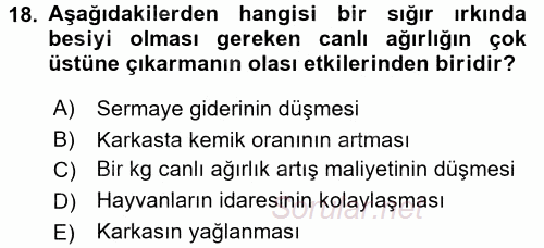 Hayvan Yetiştirme 2016 - 2017 Ara Sınavı 18.Soru