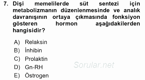 Hayvan Yetiştirme 2016 - 2017 Ara Sınavı 7.Soru