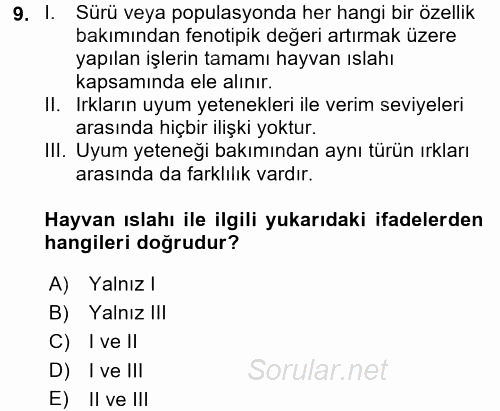 Hayvan Yetiştirme 2016 - 2017 Ara Sınavı 9.Soru