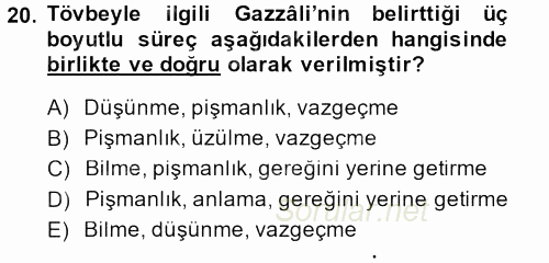 Din Psikolojisi 2014 - 2015 Dönem Sonu Sınavı 20.Soru
