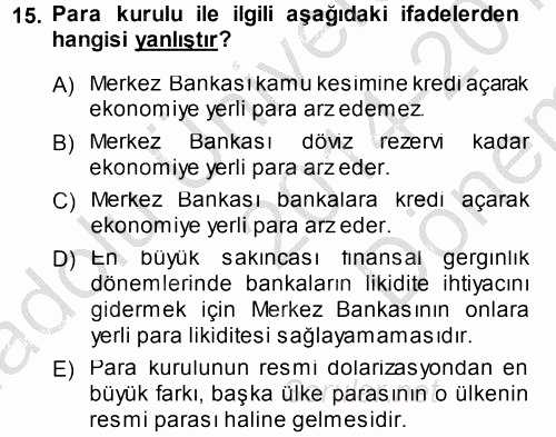 Para ve Banka 2014 - 2015 Dönem Sonu Sınavı 15.Soru