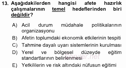 Afet Yönetimi 1 2017 - 2018 Ara Sınavı 13.Soru