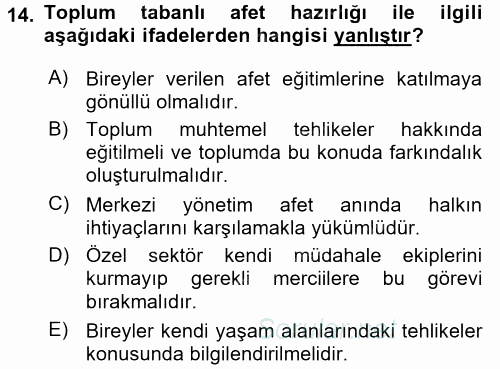 Afet Yönetimi 1 2017 - 2018 Ara Sınavı 14.Soru