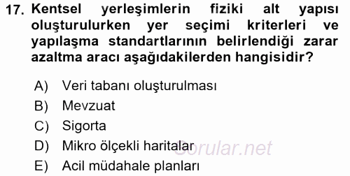 Afet Yönetimi 1 2017 - 2018 Ara Sınavı 17.Soru