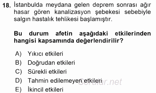 Afet Yönetimi 1 2017 - 2018 Ara Sınavı 18.Soru