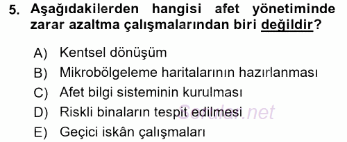 Afet Yönetimi 1 2017 - 2018 Ara Sınavı 5.Soru