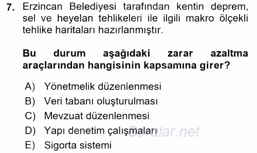 Afet Yönetimi 1 2017 - 2018 Ara Sınavı 7.Soru