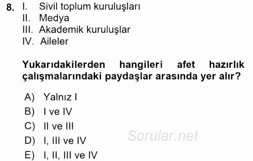 Afet Yönetimi 1 2017 - 2018 Ara Sınavı 8.Soru