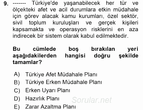 Afet Yönetimi 1 2017 - 2018 Ara Sınavı 9.Soru