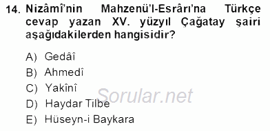 XIV-XV. Yüzyıllar Türk Edebiyatı 2014 - 2015 Ara Sınavı 14.Soru