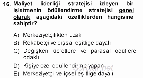 Ücret ve Ödül Yönetimi 2014 - 2015 Dönem Sonu Sınavı 16.Soru