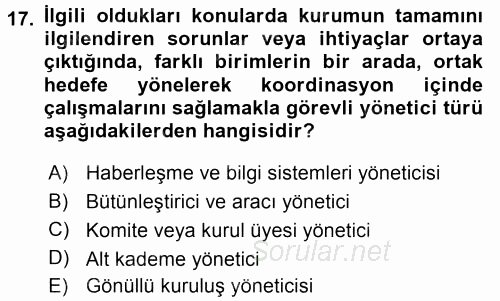 Sağlık Kurumları Yönetimi 2 2017 - 2018 3 Ders Sınavı 17.Soru