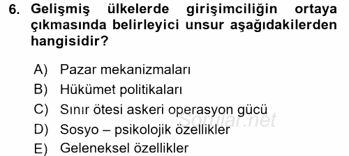 Girişimcilik ve İş Kurma 2017 - 2018 Dönem Sonu Sınavı 6.Soru