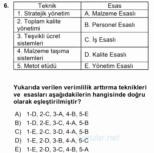 Verimlilik Yönetimi 2017 - 2018 Dönem Sonu Sınavı 6.Soru