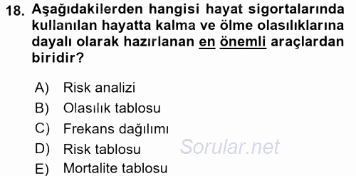 Hayat Sigortaları Ve Bireysel Emeklilik Sistemi 2017 - 2018 Ara Sınavı 18.Soru