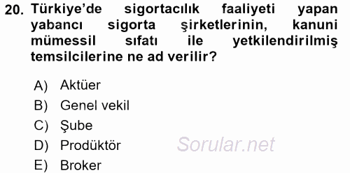 Hayat Sigortaları Ve Bireysel Emeklilik Sistemi 2017 - 2018 Ara Sınavı 20.Soru