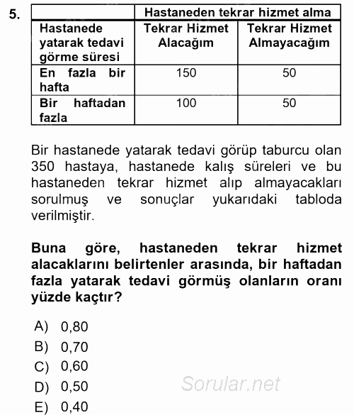 Tıbbi İstatistik 2017 - 2018 3 Ders Sınavı 5.Soru