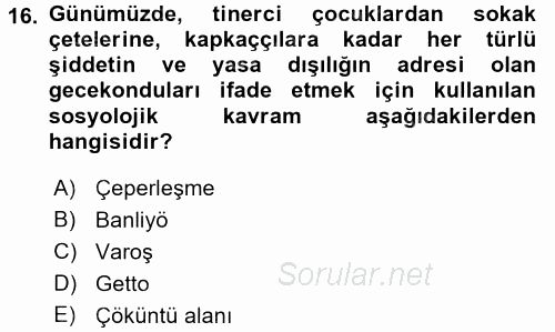 Kent Sosyolojisi 2015 - 2016 Tek Ders Sınavı 16.Soru