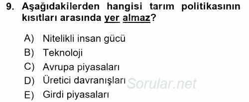 Tarım Ekonomisi ve Tarımsal Politikalar 2017 - 2018 Ara Sınavı 9.Soru