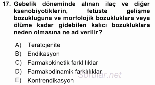 Temel İlaç Bilgisi Ve Akılcı İlaç Kullanımı 2016 - 2017 Dönem Sonu Sınavı 17.Soru
