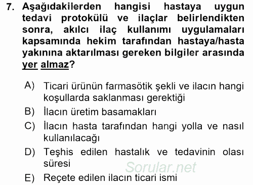 Temel İlaç Bilgisi Ve Akılcı İlaç Kullanımı 2016 - 2017 Dönem Sonu Sınavı 7.Soru