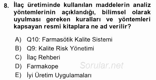 Temel İlaç Bilgisi Ve Akılcı İlaç Kullanımı 2016 - 2017 Dönem Sonu Sınavı 8.Soru