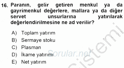İktisadi Kalkınma 2015 - 2016 Dönem Sonu Sınavı 16.Soru