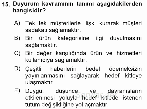 Halkla İlişkiler 2017 - 2018 Dönem Sonu Sınavı 15.Soru