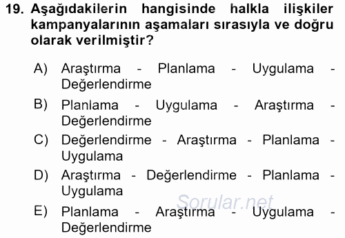 Halkla İlişkiler 2017 - 2018 Dönem Sonu Sınavı 19.Soru