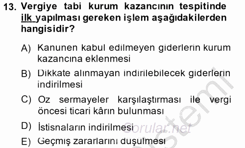 Özel Vergi Hukuku 1 2014 - 2015 Dönem Sonu Sınavı 13.Soru