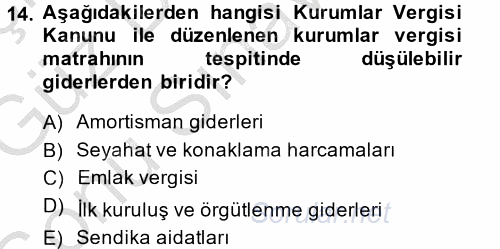 Özel Vergi Hukuku 1 2014 - 2015 Dönem Sonu Sınavı 14.Soru