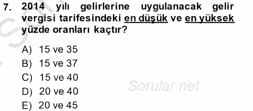Özel Vergi Hukuku 1 2014 - 2015 Dönem Sonu Sınavı 7.Soru