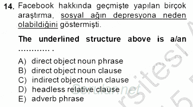 Türkçe Tümce Bilgisi Ve Anlambilim 2014 - 2015 Ara Sınavı 14.Soru