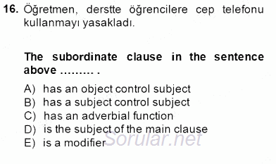 Türkçe Tümce Bilgisi Ve Anlambilim 2014 - 2015 Ara Sınavı 16.Soru