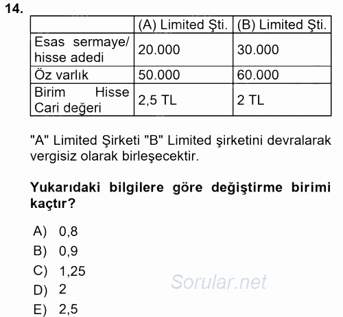Şirketler Muhasebesi 2017 - 2018 Dönem Sonu Sınavı 14.Soru
