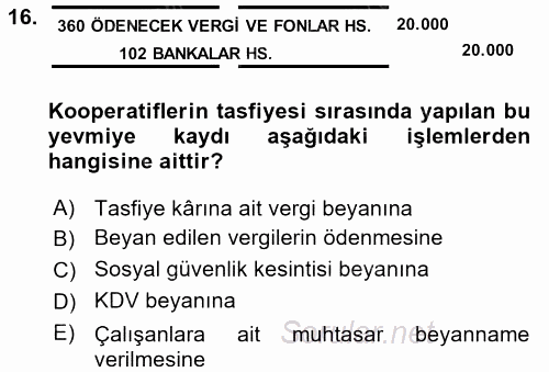 Şirketler Muhasebesi 2017 - 2018 Dönem Sonu Sınavı 16.Soru
