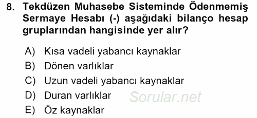 Şirketler Muhasebesi 2017 - 2018 Dönem Sonu Sınavı 8.Soru