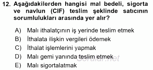 Dış Ticaret İşlemleri ve Belgeleri 2016 - 2017 Dönem Sonu Sınavı 12.Soru