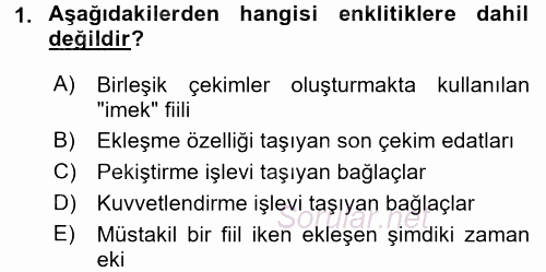 Türkçe Biçim Bilgisi 2017 - 2018 Dönem Sonu Sınavı 1.Soru
