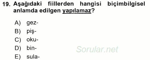 Türkçe Biçim Bilgisi 2017 - 2018 Dönem Sonu Sınavı 19.Soru