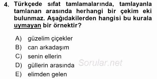 Türkçe Biçim Bilgisi 2017 - 2018 Dönem Sonu Sınavı 4.Soru