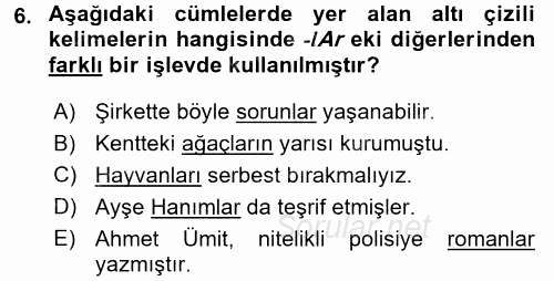 Türkçe Biçim Bilgisi 2017 - 2018 Dönem Sonu Sınavı 6.Soru