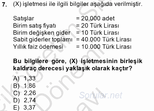 Finansal Yönetim 1 2014 - 2015 Dönem Sonu Sınavı 7.Soru