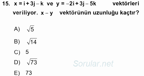 Coğrafi Bilgi Sistemleri İçin Temel Matematik 2017 - 2018 Ara Sınavı 15.Soru
