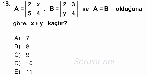 Coğrafi Bilgi Sistemleri İçin Temel Matematik 2017 - 2018 Ara Sınavı 18.Soru