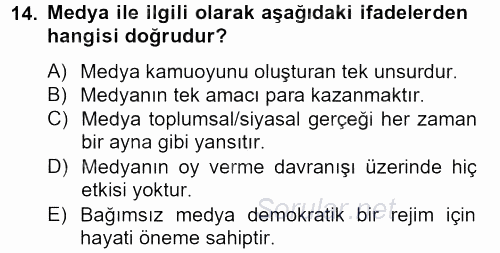 Siyaset Bilimi 2013 - 2014 Dönem Sonu Sınavı 14.Soru