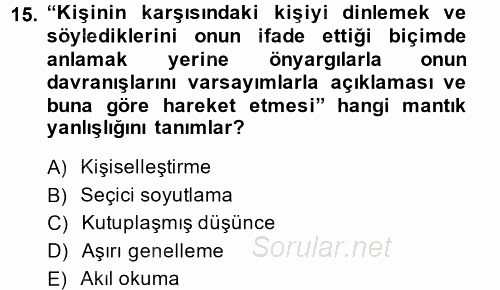 Aile Yapısı ve İlişkileri 2014 - 2015 Ara Sınavı 15.Soru