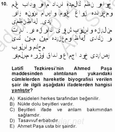 Eski Türk Edebiyatının Kaynaklarından Şair Tezkireleri 2014 - 2015 Ara Sınavı 10.Soru